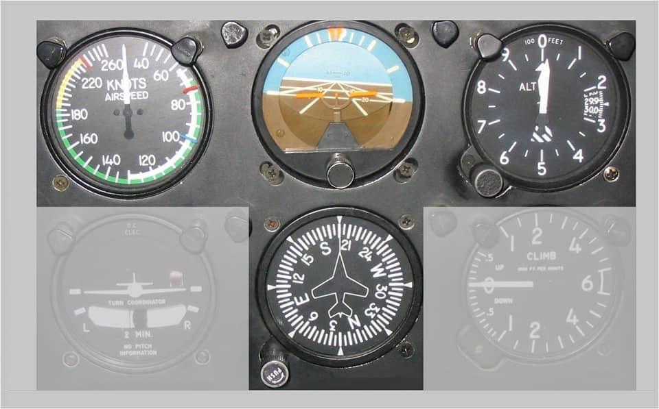 Classic six-pack of analog flight instruments